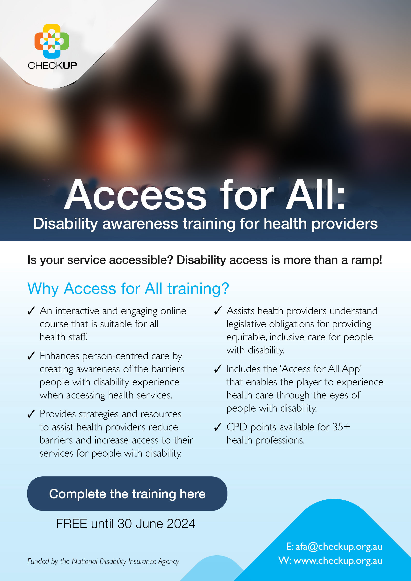 CheckUP Access for ALL Disability awareness training for health providers. Increase your understanding of the barriers people with disability experience when accessing health services. Complete the training here