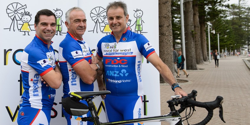 (L-R) Royal Far West’s Operations Director Kevin Bone joins tennis great Wally Masur and Tour de France commentator Mike Tomalaris for a practice run. Credit: Volunteer Photography 