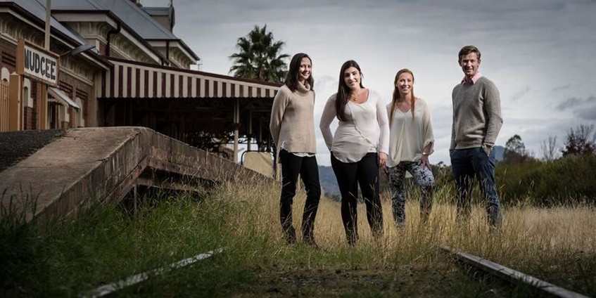 Four young adults standing on railway line