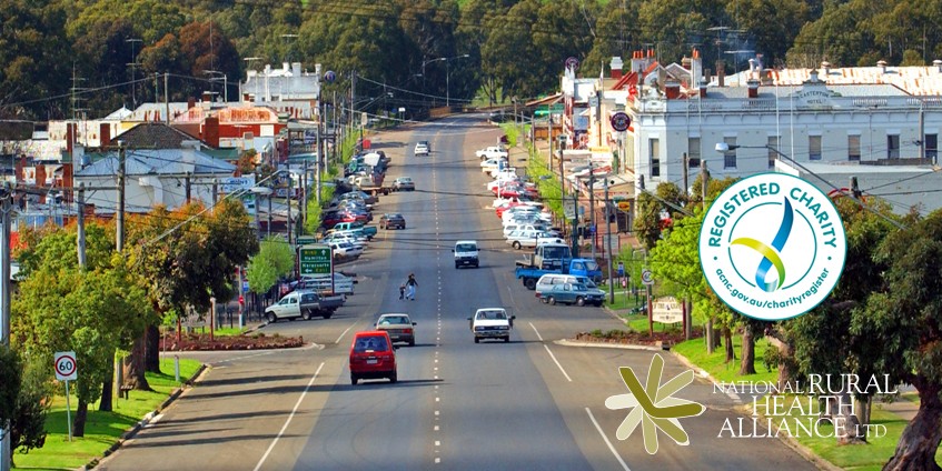Rural town with NRHA and charity logo overlay