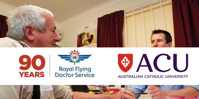 RFDS and ACU logo on photo of male doctor and patient