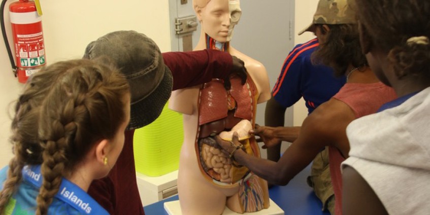 High school students reassemble Gutso the medical mannequin