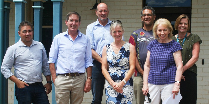 Dallas Leon, CEO of Gidgee Healing, Paul Woodhouse, Chair of NWHHS, Stuart Gordon, Chief Executive of WQPHN, Lisa Davies Jones, Chief Executive of NWHHS, Shaun Solomon, Chair of Gidgee Healing, Sheilagh Cronin, Chair of WQPHN, and Jacqui Thomson from Queensland Health visited the three Lower Gulf communities in February 2018 to check on progress 