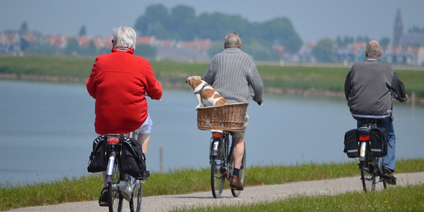 Elderly people on bicycles