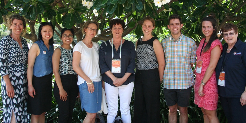 Justine Brindle (far left) and Linda Cutler (far right) with sponsored attendees at the 2018 Rural Medicine Australia Conference