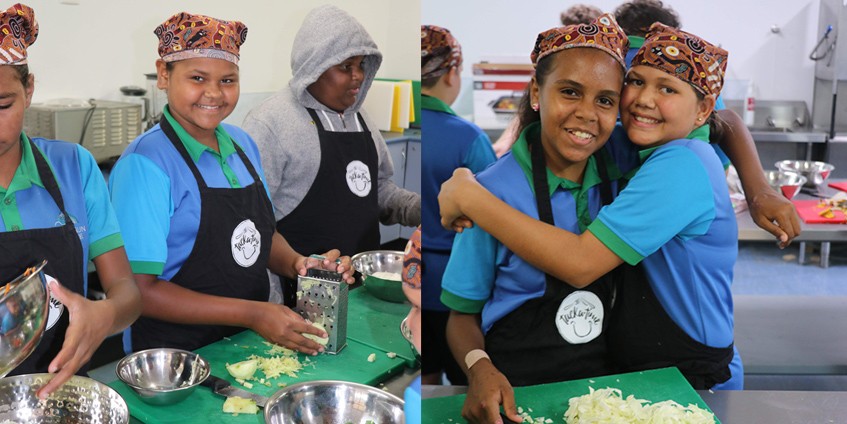 Two photos students preparing food