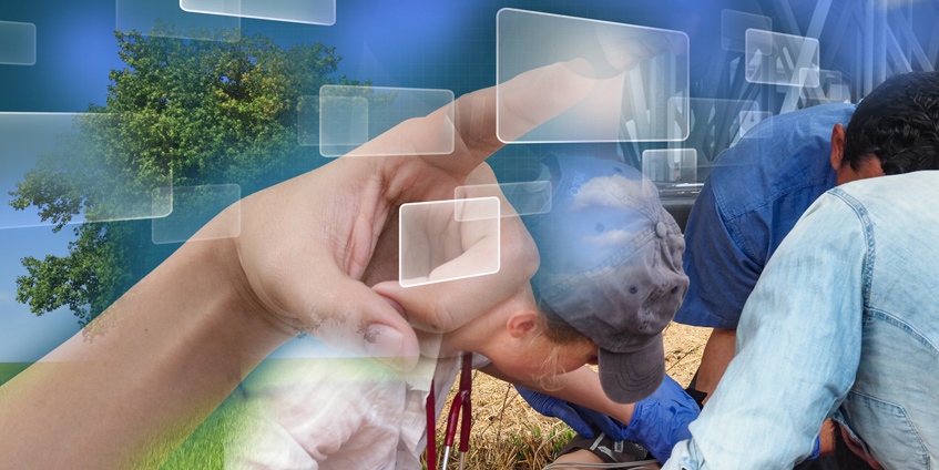 Collage of rural doctors and hand pointing to digital folders