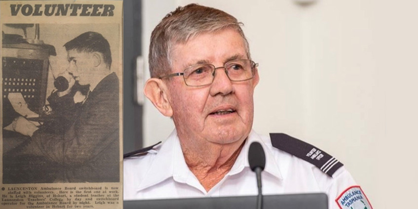 Leigh Higgins and 1961newspaper article stating: LAUNCESTON Ambulance Board switchboard is now staffed with volunteers. Here is the first one at work. He is Leigh Higgins, of Hobart, a tudent teacher at the Launceston Teachers' College by day and switchboard operator for the Ambulance Board by night. Leigh was a volunteer in Hobart for two years.
