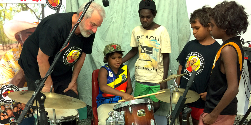 Buzz Bidstrup teaches drums in Elliott, NT.