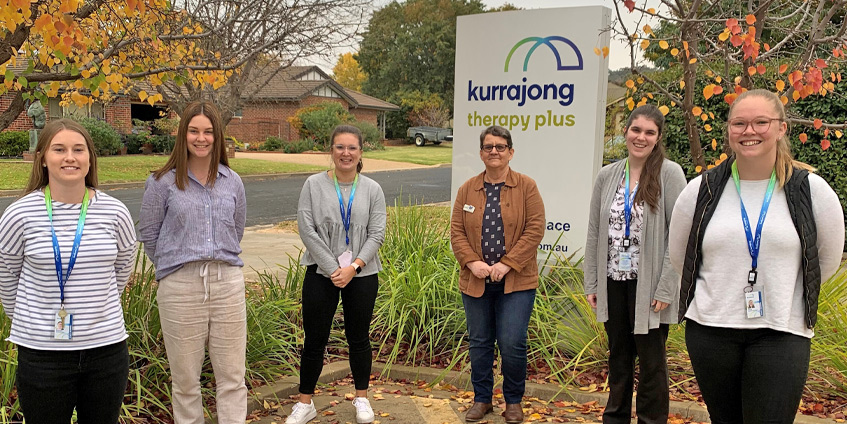 Kurrajong Therapy Plus (left to right): Scarlett Sobota (physiotherapist), Katie Rudgley (physiotherapist), Tayce Morath (occupational therapist), Debbie Young (Manager of Kurrajong), Sarah McKern (speech pathologist), Riley Nichols-Ashcroft (speech pathologist).