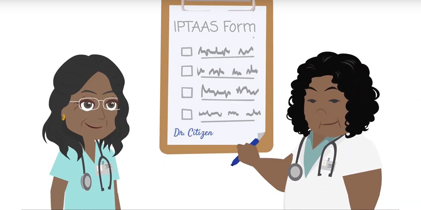 Cartoon graphic of two women discussing a form to filled out. Examples of the 11 Ezidi refugee videos available.