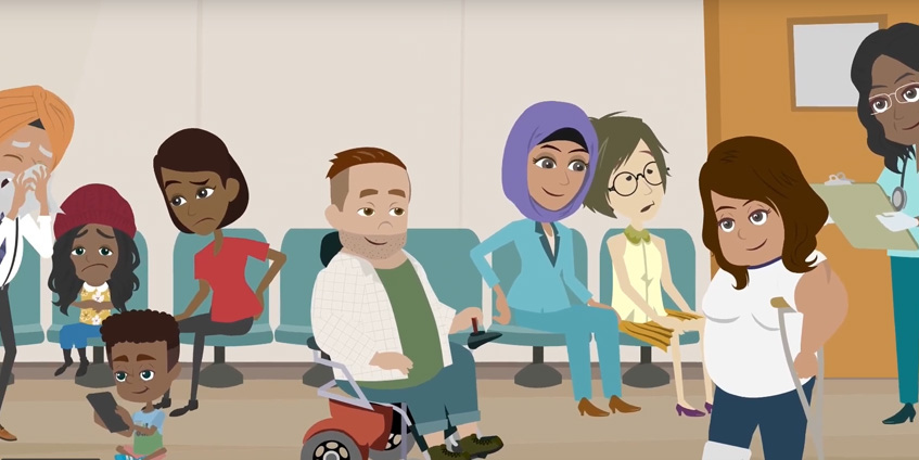 Cartoon graphic of hospital. Examples of the 11 Ezidi refugee videos available.