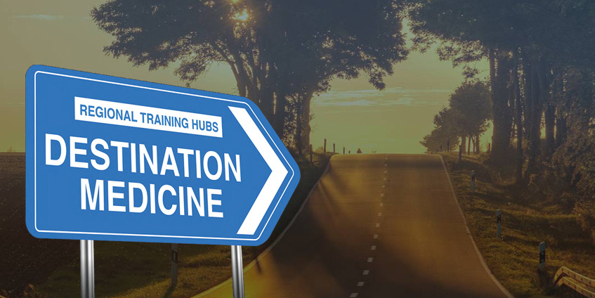 Regional training Hubs Destination Medicine sign next to rural road