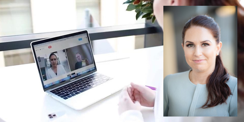 Woman using laptop for telehealth. Overlay of Anna Barwick