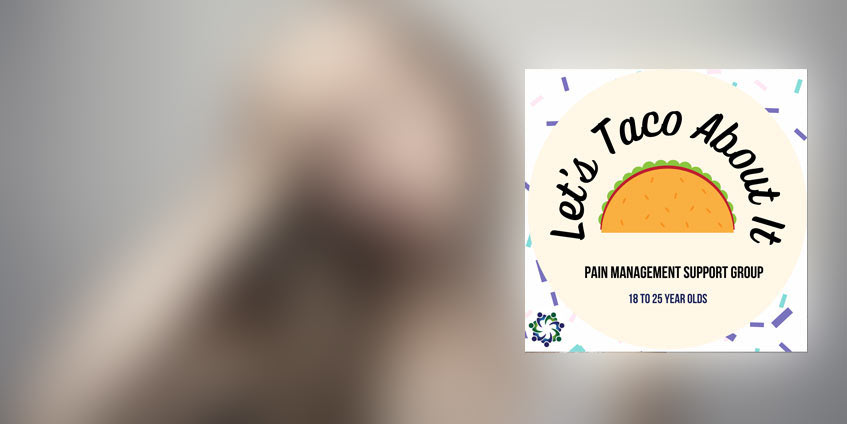 Young woman holding her forehead. With Let’s Taco About It logo