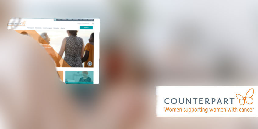 Woman using laptop. With Counterpart Women supporting women with cancer logo