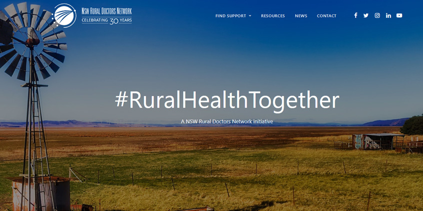 Rural Health Together website featuring a wind pump image next to a dry lake 