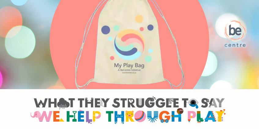 Play therapy tote bag with text: What they struggle to say we help through play