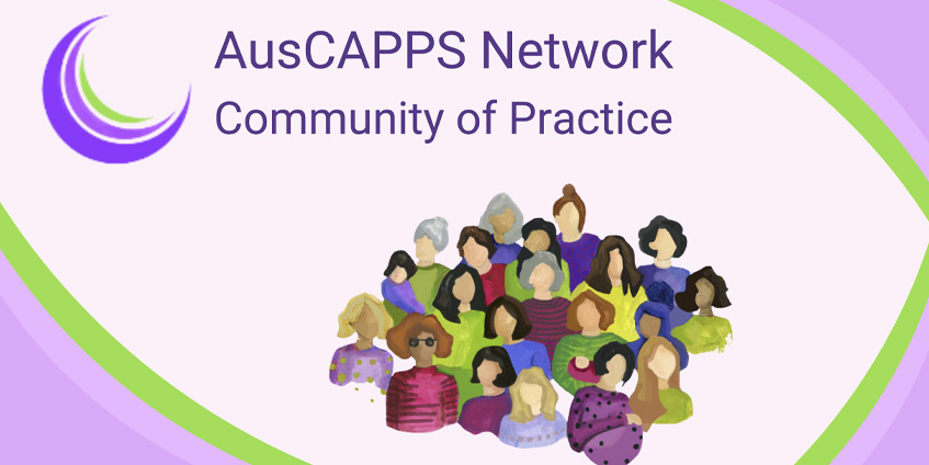 Illustration of many women with logo. AusCAPPS Network Community of Practice