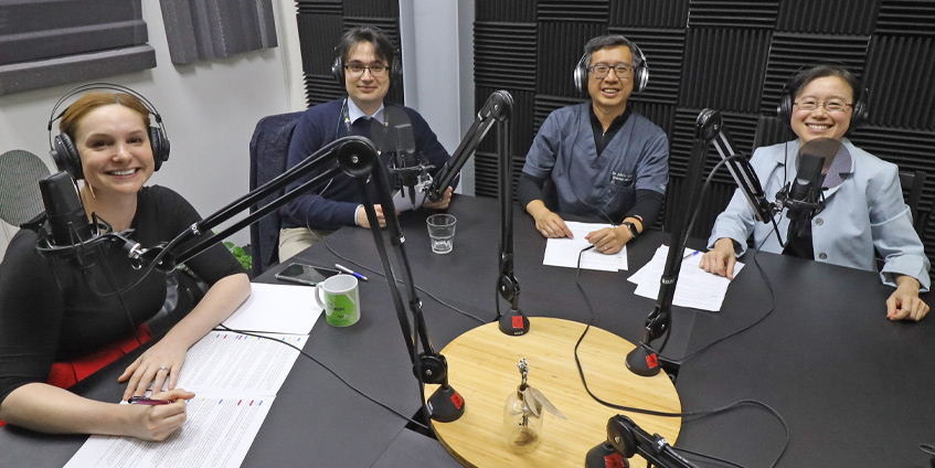 In the studio, recording ‘Cutaneous Drug Eruptions’ (Season 3). Left to right: hosts Dr Anneliese Willems and Dr Blake Mumford, Assoc Prof Alvin Chong and guest expert Dr Michelle Goh.