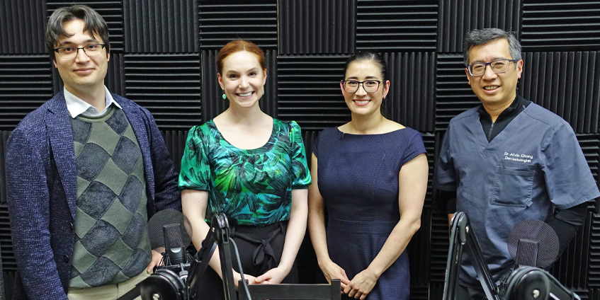 In the studio, recording ‘Birthmarks’ (Season 3). Left to right: hosts Dr Blake Mumford and Dr Anneliese Willems, guest expert Dr Susan Robertson and Assoc Prof Alvin Chong.