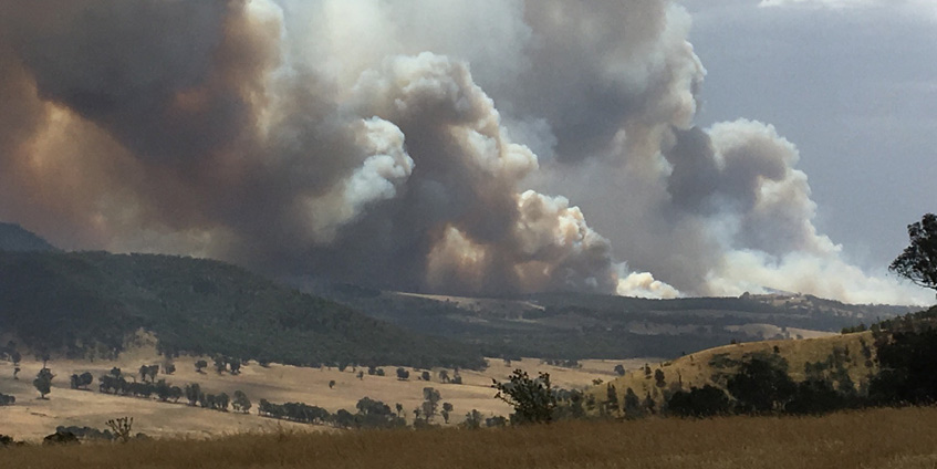 Smoke fills the sky from fires on the hills in the distance