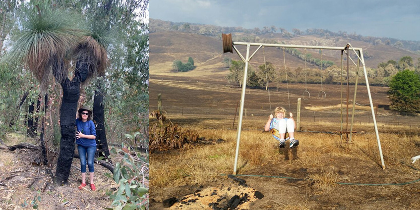Woman with burnt tree. Girl on swing with burnt landscape in the background