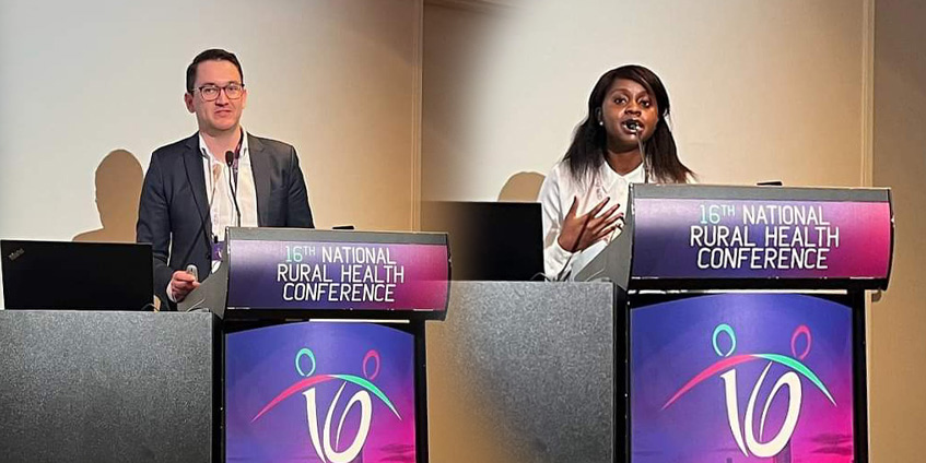 RANZCOG Board Director, Dr Jared Watts, and Cynthia Tapiwa, Project Lead, Women’s Health, Research and Policy, presenting the mapping project at the 16th National Rural Health Conference in August 2022. [Image: Michelle Zhang, RANZCOG]