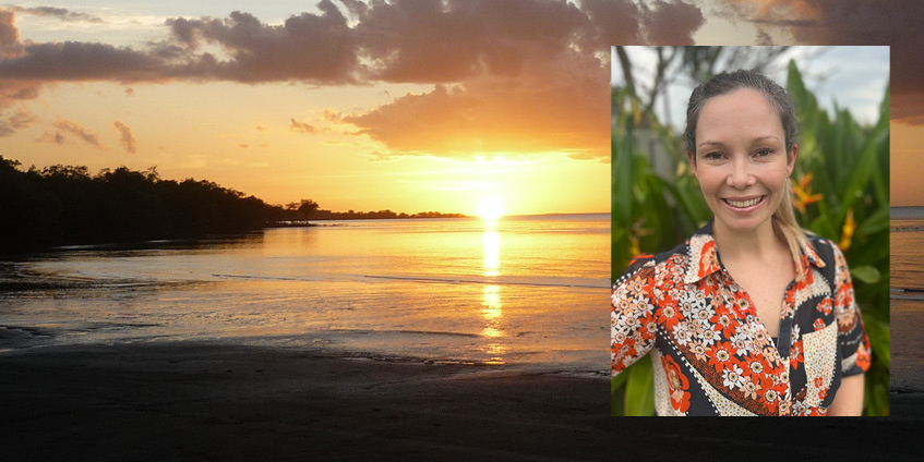 Weipa, far north Queensland, Australia. Sunset over the Gulf of Carpentaria, near the Nanum suburb, Weipa township, Queensland. [Image by Q8682 CC BY-SA 4.0]  Inset: Dr Riley Savage, rural generalist obstetrician, Weipa.