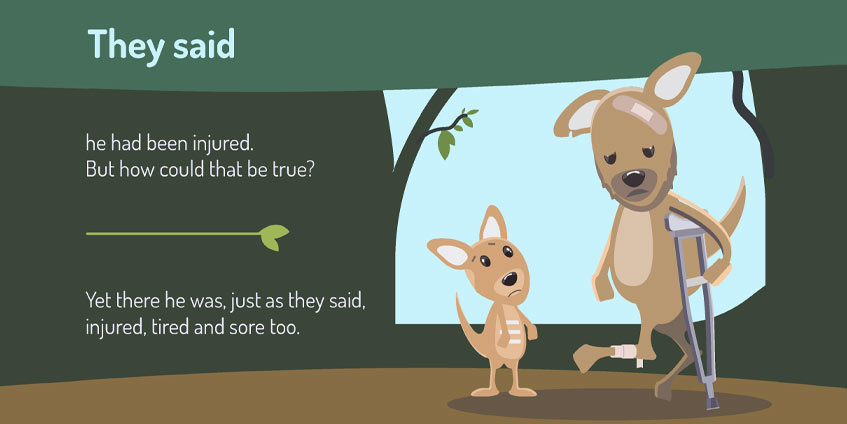 So Things Have Been a Bit Different – Ben’s Story explores the challenging issue of injury in service. Cartoon of injured adult kangaroo with young kangaroo