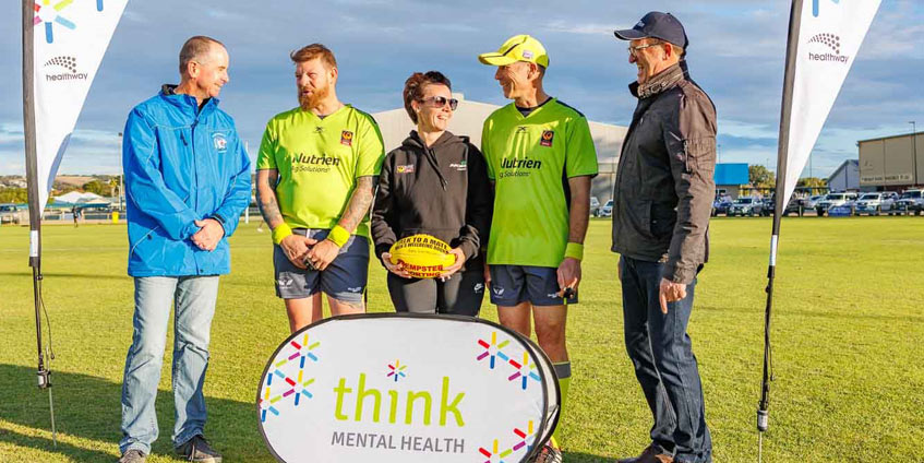 Ports FC in Esperance’s Regional Men’s Health Initiative (RMHI) Talk to a Mate® round. (L to R) Chris Cassam (Ports FC Wellbeing Coordinator), Steve Mastaglia (League Umpire), Gemma Harrison (Regional Football Specialist, Goldfields), Michael Magagnotti (League Umpire), Owen Catto (RMHI Senior Community Educator).
