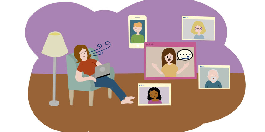 Illustration showing woman sitting down breathing out with social media images floating around inside thought bubble