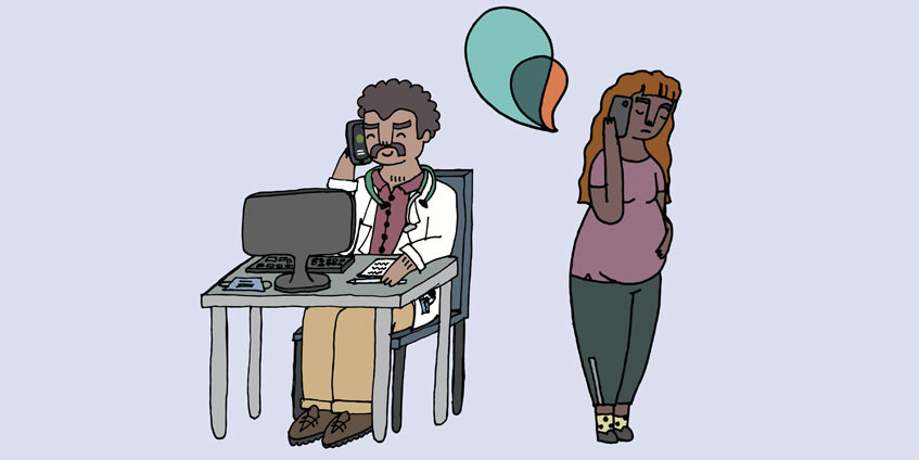Cartoon of Dr at his desk calling pregnant woman standing up.