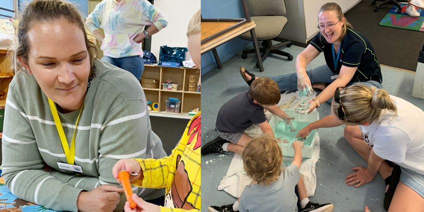 Left: Hannah pictured alongside a playgroup attendee. Right: Child and Parent Support worker Kirsten getting messy with some playgroup attendees.