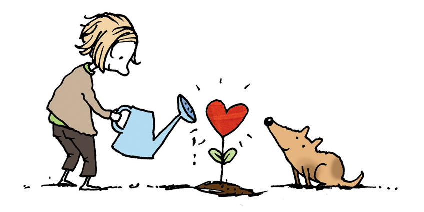 Illustration of a girl watering a heart plant with a dog looking on