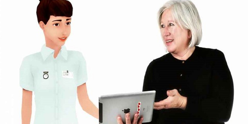 Professor Robyn Clark with an avatar nurse from the My Heart Attack Action Plan avatar teaching app.