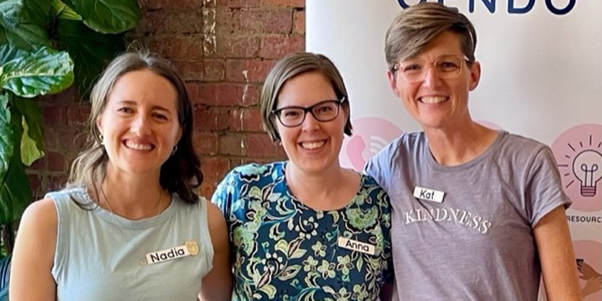 Endometriosis Nurse Coordinator Anna (centre) at the 2023 Melbourne QENDO workshop networking with Dietitian Nadia Maxwell (left) and Endo Help founder Kat Stanley (right).