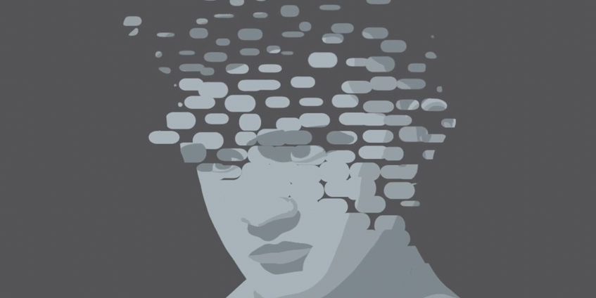 Artwork of persons head in multiple pieces