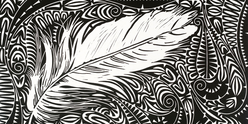 Carried Lightly artwork by Brian Robinson depicting a stylised feather in black and white lines