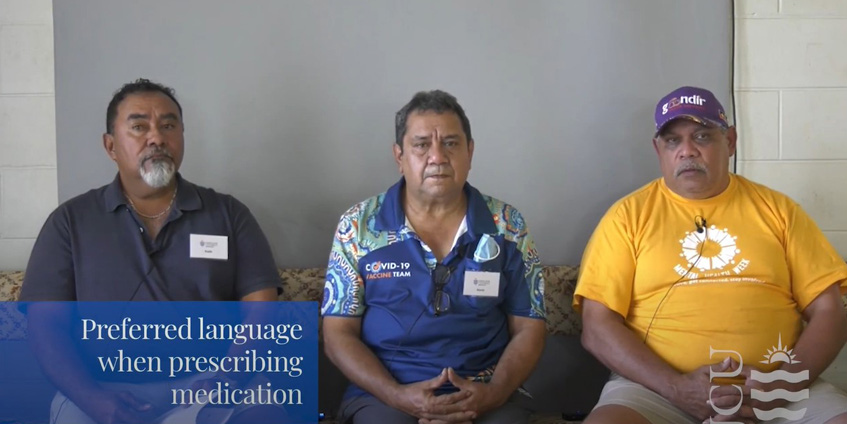 Floyd Leedie (right) and other JCU Cultural Mentors explain preferred language for medication as part of the ’Hard Questions’ series