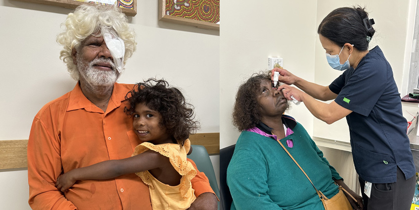 Left: Mr Stanley Retchford from Bulla and Timber Creek receives treatment at Katherine Hospital with the support of his four-year-old granddaughter, Mary Jane. Right: Patient Thelma Dixon is administered eye drops and dilation prior to procedure.