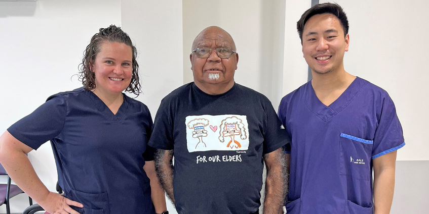 (L to R): Alison Lang (High Risk Foot Clinic Coordinator and Wound Care Consultant, LRH), Clifford Wandin (Aboriginal Elder) and John Chen (Senior Podiatrist, LCHS)