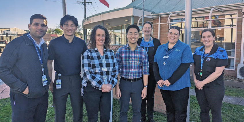 GHRFC outreach team at Ramahyuck District Aboriginal Corporation in Morwell (L to R): Akash Amin (Community Pharmacist, LCHS); Ivan Ho (Dietitian, LCHS); Michelle Darling (Clinical Nurse Consultant Diabetes, LCHS), John Chen (Senior Podiatrist, LCHS), Dr Charissa Groves (General Practitioner and Chief Health Officer, RDAC), Katie Yeomans (Registered Nurse, LCHS), Lauren Paulet (Registered Nurse and Chronic Disease Care Coordinator, RDAC)