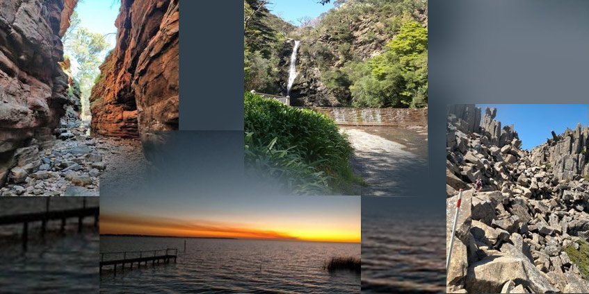 Left-right: Alligator Gorge, View from accommodation in Meningie, Waterfall Gully and Cradle Mountain.