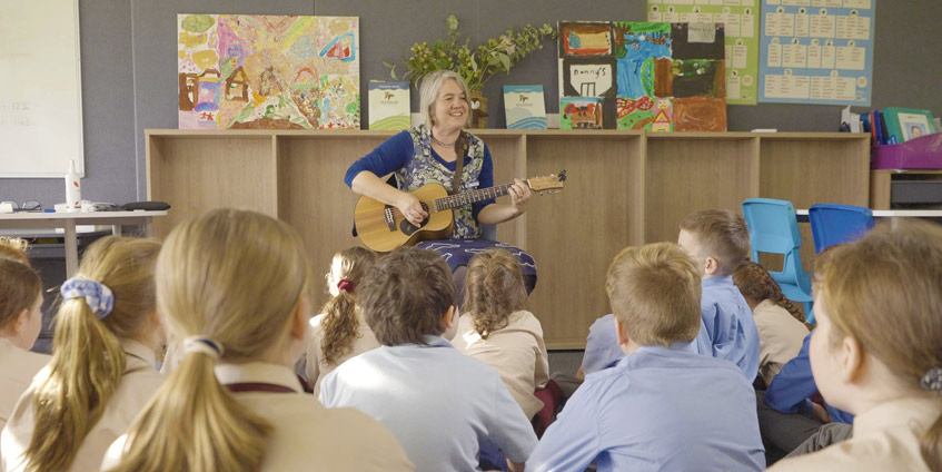 St Joseph’s Catholic Primary School teacher and Stormbirds Companion, Nerida Cuddy, engages the students through song.