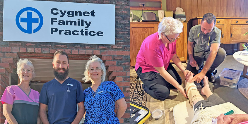 Ben Smith with nurse practitioners Kerrie Duggan (left) and Samantha Beattie at Cygnet Family Practice. Ben Smith, paramedic, with nurse practitioner and anonymous patient.