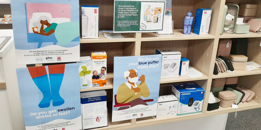 The in-store pharmacy screening program promotion at Soul Pattison Chemist in Deniliquin which was one of the 11 participating pharmacies in the screening pilot