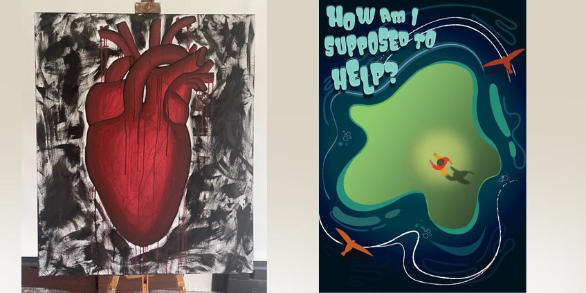 Left: Red by Darcy Stockdale 2023 (art work). Right: Flood by Zara Clydesdale 2023 (digital drawing)