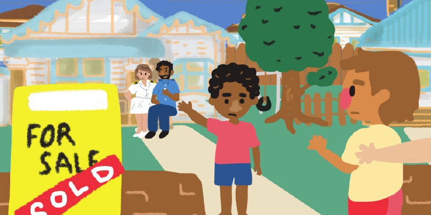 Boy waving to a friend in front of his house with a for sale sold sign