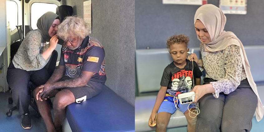 Left: Elder ear check in Newman. Right: Young adolescent with otoscope.